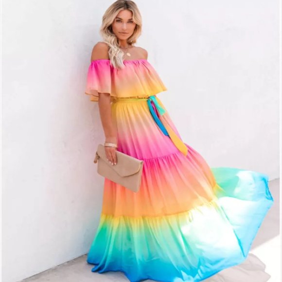 Rainbow Dress BOHO Maxi Off Shoulder - Ribbon Belt Waist - Flowing Hem - Picture 6 of 13